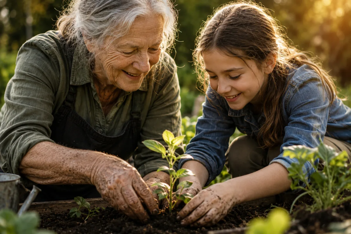 An older woman and a young girl planting a seedling together in a garden, smiling, in warm golden light